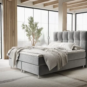 Boxspringbed met hoofdeinde van fluweelstof – Elisio – matras en dekmatras – 180×200 cm – grijs
