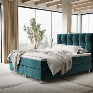 Boxspringbed met hoofdeinde van fluweelstof – Elisio – matras en dekmatras – 160×200 cm – turquoise