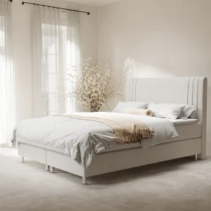 Boxspringbed met hoofdeinde van geweven stof – Casone – matras en dekmatras – 160×200 cm – beige Boxspringbed met hoofdeinde van geweven stof – Casone – matras en dekmatras – 160×200 cm – beige