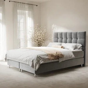 Boxspringbed met hoofdeinde van fluweelstof – Chanton – matras en dekmatras – 160×200 cm – grijs