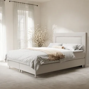 Boxspringbed met hoofdeinde van geweven stof – Laguno – matras en dekmatras – 200×200 cm – beige Boxspringbed met hoofdeinde van geweven stof – Laguno – matras en dekmatras – 200×200 cm – beige