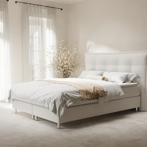 Boxspringbed met hoofdeinde van geweven stof – Minori – matras en dekmatras – 140×200 cm – beige Boxspringbed met hoofdeinde van geweven stof – Minori – matras en dekmatras – 140×200 cm – beige