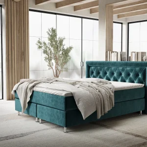 Boxspringbed met hoofdeinde van fluweelstof – Lavello – matras en dekmatras – 180×200 cm – turquoise