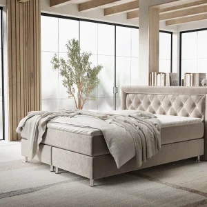 Boxspringbed met hoofdeinde van fluweelstof – Lavello – matras en dekmatras – 180×200 cm – taupe