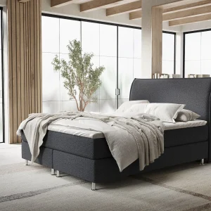 Boxspringbed met hoofdeinde van geweven stof – Chermin – matras en dekmatras – 140×200 cm – zwart Boxspringbed met hoofdeinde van geweven stof – Chermin – matras en dekmatras – 140×200 cm – zwart