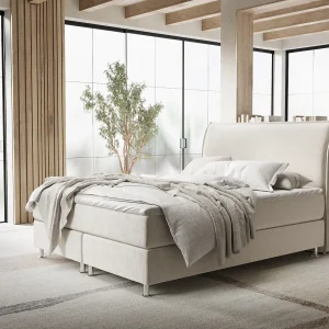 Boxspringbed met hoofdeinde van fluweelstof – Chermin – matras en dekmatras – 140×200 cm – lichtbeige Boxspringbed met hoofdeinde van fluweelstof – Chermin – matras en dekmatras – 140×200 cm – lichtbeige