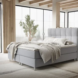 Boxspringbed met hoofdeinde van geweven stof – Elisio – matras en dekmatras – 140×200 cm – lichtgrijs Boxspringbed met hoofdeinde van geweven stof – Elisio – matras en dekmatras – 140×200 cm – lichtgrijs