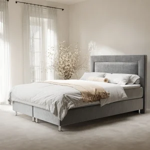 Boxspringbed met hoofdeinde van fluweelstof – Laguno – matras en dekmatras – 200×200 cm – grijs