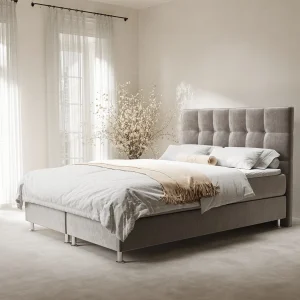 Boxspringbed met hoofdeinde van fluweelstof – Chanton – matras en dekmatras – 180×200 cm – taupe