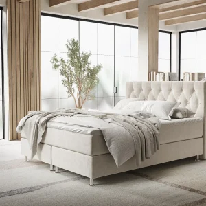 Boxspringbed met hoofdeinde van fluweelstof – Excelsior – matras en dekmatras – 140×200 cm – lichtbeige