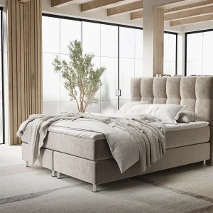 Boxspringbed met hoofdeinde van fluweelstof – Elisio – matras en dekmatras – 160×200 cm – taupe