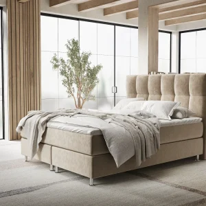 Boxspringbed met hoofdeinde van fluweelstof – Elisio – matras en dekmatras – 180×200 cm – beige