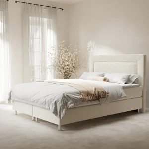 Boxspringbed met hoofdeinde van fluweelstof – Laguno – matras en dekmatras – 200×200 cm – creme