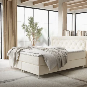 Boxspringbed met hoofdeinde van fluweelstof – Lavello – matras en dekmatras – 200×200 cm – creme