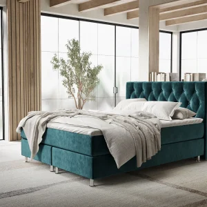 Boxspringbed met hoofdeinde van fluweelstof – Excelsior – matras en dekmatras – 140×200 cm – turquoise