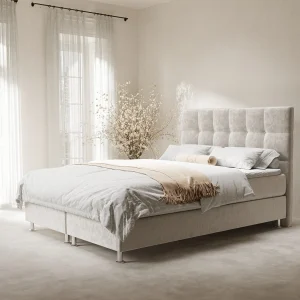 Boxspringbed met hoofdeinde van fluweelstof – Chanton – matras en dekmatras – 140×200 cm – lichtbeige Boxspringbed met hoofdeinde van fluweelstof – Chanton – matras en dekmatras – 140×200 cm – lichtbeige