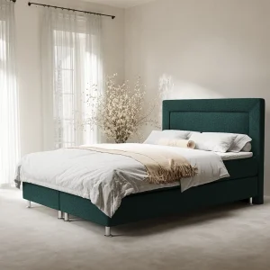 Boxspringbed met hoofdeinde van geweven stof – Laguno – matras en dekmatras – 140×200 cm – groen Boxspringbed met hoofdeinde van geweven stof – Laguno – matras en dekmatras – 140×200 cm – groen