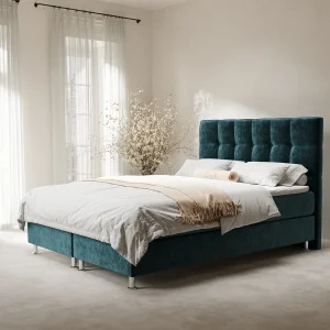 Boxspringbed met hoofdeinde van fluweelstof – Chanton – matras en dekmatras – 200×200 cm – turquoise Boxspringbed met hoofdeinde van fluweelstof – Chanton – matras en dekmatras – 200×200 cm – turquoise