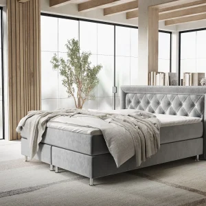 Boxspringbed met hoofdeinde van fluweelstof – Lavello – matras en dekmatras – 160×200 cm – grijs