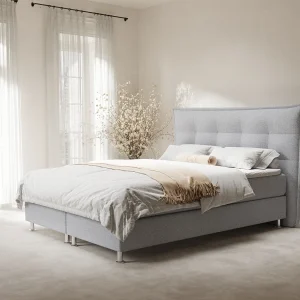 Boxspringbed met hoofdeinde van geweven stof – Minori – matras en dekmatras – 140×200 cm – lichtgrijs Boxspringbed met hoofdeinde van geweven stof – Minori – matras en dekmatras – 140×200 cm – lichtgrijs