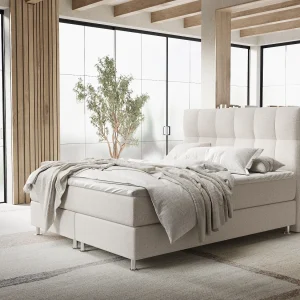 Boxspringbed met hoofdeinde van geweven stof – Elisio – matras en dekmatras – 140×200 cm – beige Boxspringbed met hoofdeinde van geweven stof – Elisio – matras en dekmatras – 140×200 cm – beige