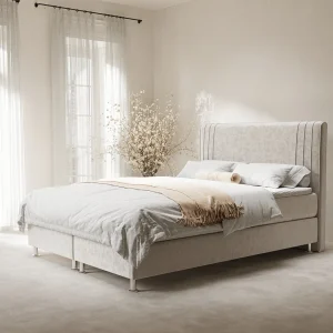 Boxspringbed met hoofdeinde van fluweelstof – Casone – matras en dekmatras – 140×200 cm – lichtbeige Boxspringbed met hoofdeinde van fluweelstof – Casone – matras en dekmatras – 140×200 cm – lichtbeige