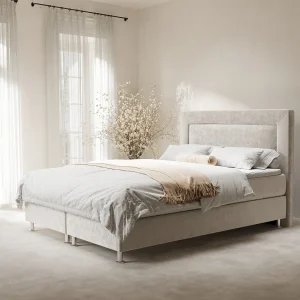 Boxspringbed met hoofdeinde van fluweelstof – Laguno – matras en dekmatras – 140×200 cm – lichtbeige