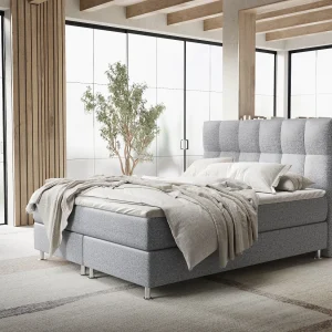 Boxspringbed met hoofdeinde van geweven stof – Elisio – matras en dekmatras – 200×200 cm – grijs Boxspringbed met hoofdeinde van geweven stof – Elisio – matras en dekmatras – 200×200 cm – grijs