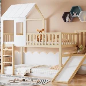 Stapelbed 90x200cm in massief hout – met ladder en glijbaan – lattenbodems – Naturel Stapelbed 90x200cm in massief hout – met ladder en glijbaan – lattenbodems – Naturel