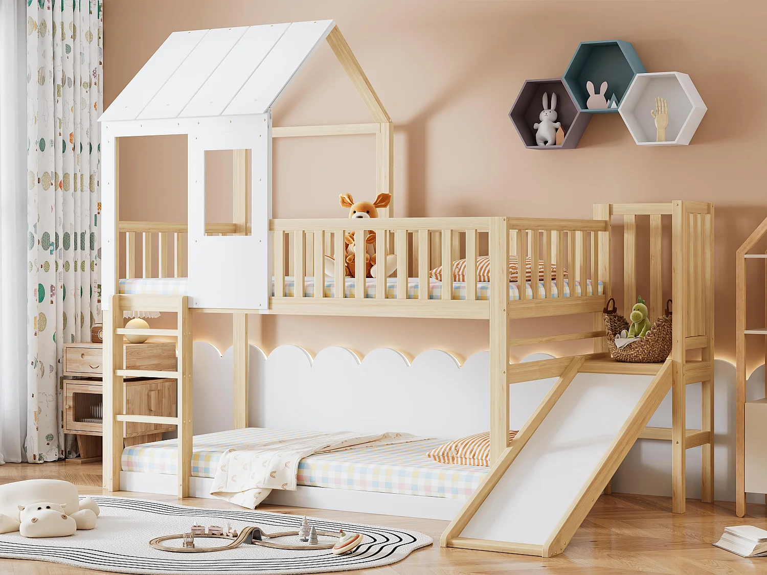 Stapelbed 90x200cm in massief hout - met ladder en glijbaan - lattenbodems - Naturel