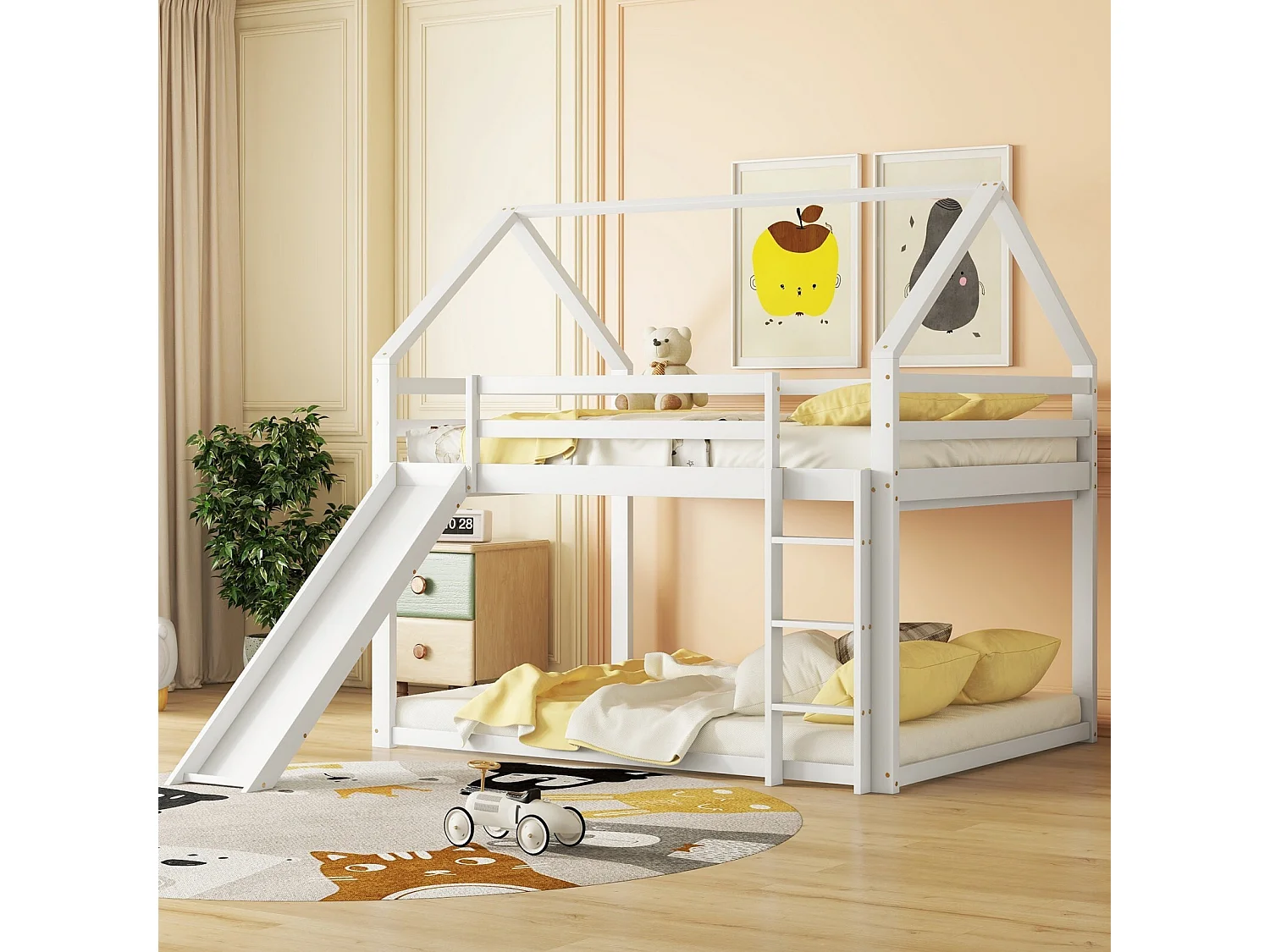 Bunkbedden Cabine 2 x 140 x 200 cm - Trappen en schuif - Pin en MDF - Wit