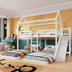 Bunkbedden Cabine 90 x 200 cm, met trappen en dia, pin + MDF, 3 slaapzones, wit Bunkbedden Cabine 90 x 200 cm, met trappen en dia, pin + MDF, 3 slaapzones, wit
