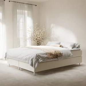 Boxspringbed met hoofdeinde van fluweelstof – Sub – matras en dekmatras – 180×200 cm – creme Boxspringbed met hoofdeinde van fluweelstof – Sub – matras en dekmatras – 180×200 cm – creme