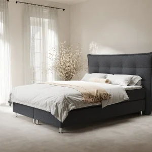 Boxspringbed met hoofdeinde van geweven stof – Minori – matras en dekmatras – 160×200 cm – zwart Boxspringbed met hoofdeinde van geweven stof – Minori – matras en dekmatras – 160×200 cm – zwart