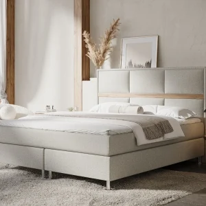 Boxspringbed met hoofdeinde van geweven stof – Soto – matras en dekmatras – 140×200 cm – beige Boxspringbed met hoofdeinde van geweven stof – Soto – matras en dekmatras – 140×200 cm – beige