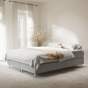 Boxspringbed met hoofdeinde van geweven stof – Sub – matras en dekmatras – 160×200 cm – lichtgrijs Boxspringbed met hoofdeinde van geweven stof – Sub – matras en dekmatras – 160×200 cm – lichtgrijs