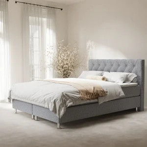 Boxspringbed met hoofdeinde van geweven stof – Otus – matras en dekmatras – 160×200 cm – grijs Boxspringbed met hoofdeinde van geweven stof – Otus – matras en dekmatras – 160×200 cm – grijs