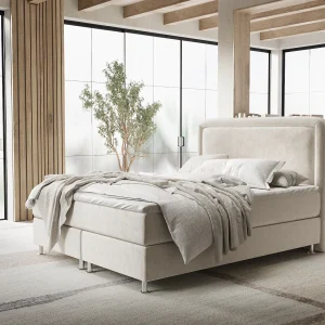 Boxspringbed met hoofdeinde van fluweelstof – Salvi – matras en dekmatras – 140×200 cm – lichtbeige Boxspringbed met hoofdeinde van fluweelstof – Salvi – matras en dekmatras – 140×200 cm – lichtbeige