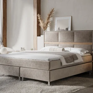 Boxspringbed met hoofdeinde van fluweelstof – Soto – matras en dekmatras – 180×200 cm – taupe Boxspringbed met hoofdeinde van fluweelstof – Soto – matras en dekmatras – 180×200 cm – taupe