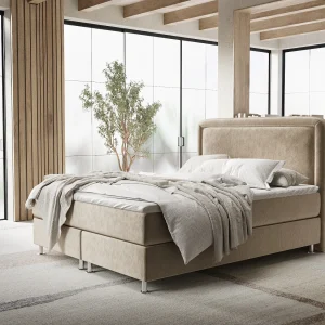 Boxspringbed met hoofdeinde van fluweelstof – Salvi – matras en dekmatras – 140×200 cm – beige Boxspringbed met hoofdeinde van fluweelstof – Salvi – matras en dekmatras – 140×200 cm – beige