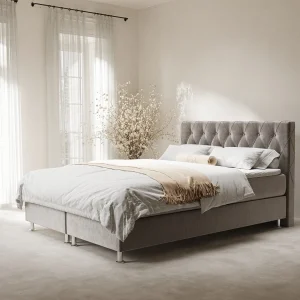 Boxspringbed met hoofdeinde van fluweelstof – Otus – matras en dekmatras – 160×200 cm – taupe Boxspringbed met hoofdeinde van fluweelstof – Otus – matras en dekmatras – 160×200 cm – taupe