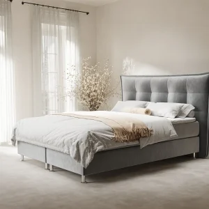 Boxspringbed met hoofdeinde van fluweelstof – Minori – matras en dekmatras – 160×200 cm – grijs