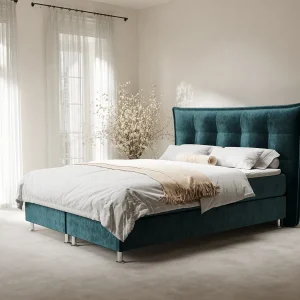 Boxspringbed met hoofdeinde van fluweelstof – Minori – matras en dekmatras – 200×200 cm – turquoise
