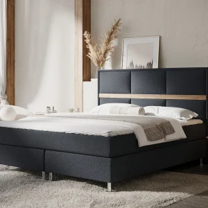 Boxspringbed met hoofdeinde van geweven stof – Soto – matras en dekmatras – 180×200 cm – zwart Boxspringbed met hoofdeinde van geweven stof – Soto – matras en dekmatras – 180×200 cm – zwart