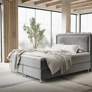 Boxspringbed met hoofdeinde van fluweelstof – Salvi – matras en dekmatras – 180×200 cm – grijs Boxspringbed met hoofdeinde van fluweelstof – Salvi – matras en dekmatras – 180×200 cm – grijs
