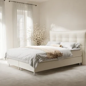 Boxspringbed met hoofdeinde van fluweelstof – Minori – matras en dekmatras – 160×200 cm – creme