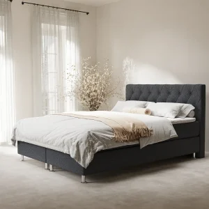 Boxspringbed met hoofdeinde van geweven stof – Otus – matras en dekmatras – 140×200 cm – zwart Boxspringbed met hoofdeinde van geweven stof – Otus – matras en dekmatras – 140×200 cm – zwart