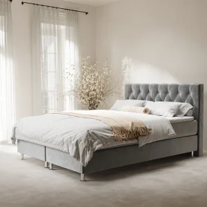 Boxspringbed met hoofdeinde van fluweelstof – Otus – matras en dekmatras – 180×200 cm – grijs Boxspringbed met hoofdeinde van fluweelstof – Otus – matras en dekmatras – 180×200 cm – grijs