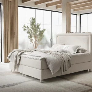 Boxspringbed met hoofdeinde van geweven stof – Salvi – matras en dekmatras – 200×200 cm – beige Boxspringbed met hoofdeinde van geweven stof – Salvi – matras en dekmatras – 200×200 cm – beige