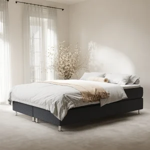 Boxspringbed met hoofdeinde van geweven stof – Sub – matras en dekmatras – 160×200 cm – zwart Boxspringbed met hoofdeinde van geweven stof – Sub – matras en dekmatras – 160×200 cm – zwart